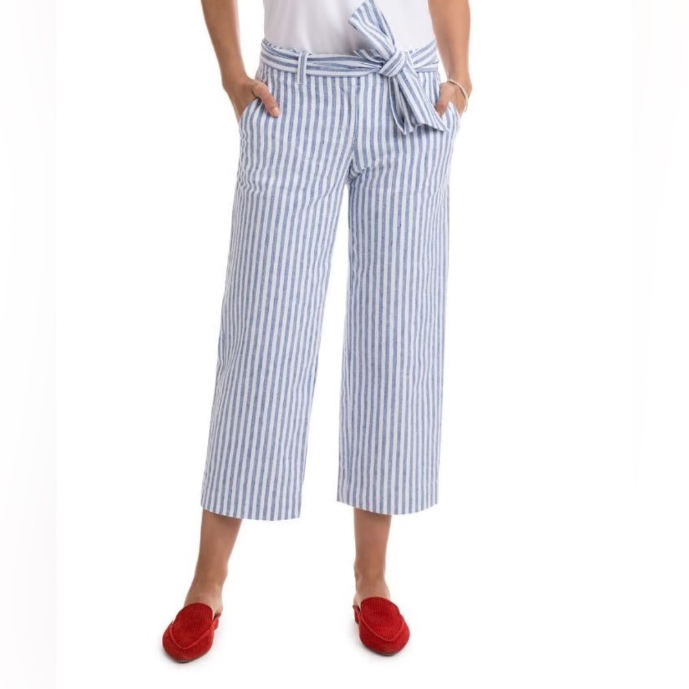 Vineyard Vines Linen Striped Catamaran Pants Size 0 Blue White Nautical Belted